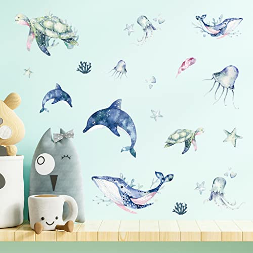 Mulaibdin 33 Pcs Watercolor Ocean Creature Wall Decal, Aesthetic Wall Stickers Wall Decor For Bedroom Living Room, Peel And Stick Wallpaper, Room Decor For Kids Bedroom, Dolphin Turtle Octopus Whale #TOP3