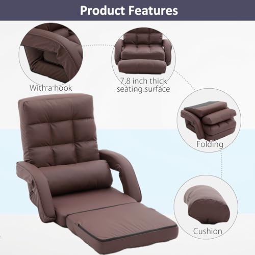 Image of Floor Chair for Adults with Back Support, 14-Position Adjustable Floor Sofa with Pillow & Armrests, Faux Leather Floor Lounger Chair for Gaming, Reading & Living Room (Brown)