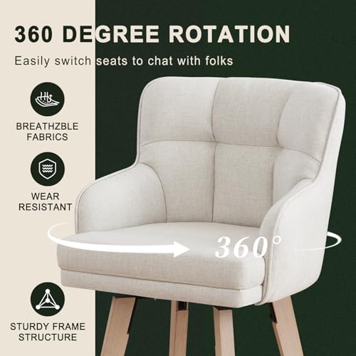 Butacos giratorios SAECKBERG de altura para barra con respaldo, patas de madera maciza de 26 pulgadas, sillas modernas para cocina o isla, tapizado en tela (beige, altura 26", juego de 2) miniatura 3