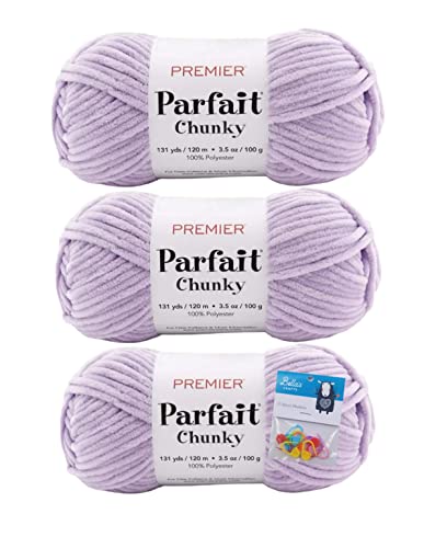 Premier Yarns Parfait Chunky Chenille Yarn 3.5 Oz 6 Super Bulky Weight 3 Pack Bundle with Bellas Stitch Place Holders (Lilac)