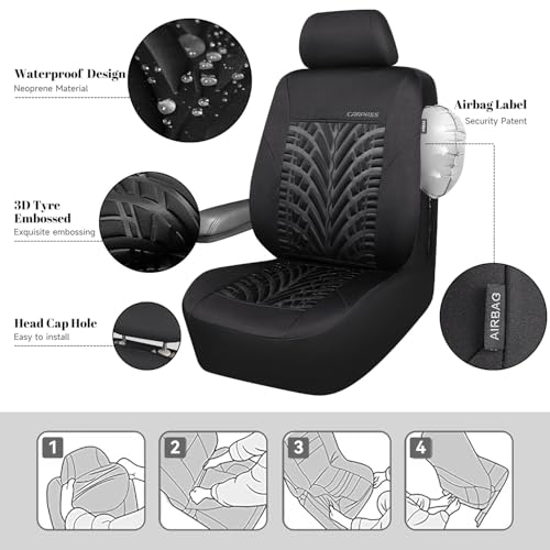 Image of CAR PASS Neoprene Waterproof Seat Covers,Wetsuit Car Seat Covers Front Seats Universal Fit for Vans, Truck, SUV Two Front Only, 3D Tyre Embossed Anti Slip with Armrests, Airbag Compatible(Black)