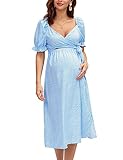 KOJOOIN Daman Umstandskleid Rüschen Kurzarm Schwangerschaftskleid V-Ausschnitt Umstandsmode Midi Elegante Stillkleid Lange Kariertes Blumenkleid (Verpackung MEHRWEG), Blau2, M