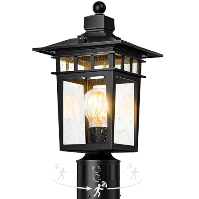 360¡« Motion Sensor Outdoor Post Lights, 4 Lighting Modes Lamp Post Light Fixture Dusk to Dawn, Waterproof Aluminum Black Pole Light Post Outdoor Lighting for Outside Garden Fence Yard,Hard Wired