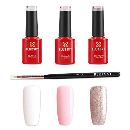 Bluesky French Ombre Manicure Kit Gel Nagellack Set mit Pinsel Weiß Rosa Glitzer 3 x 5ml
