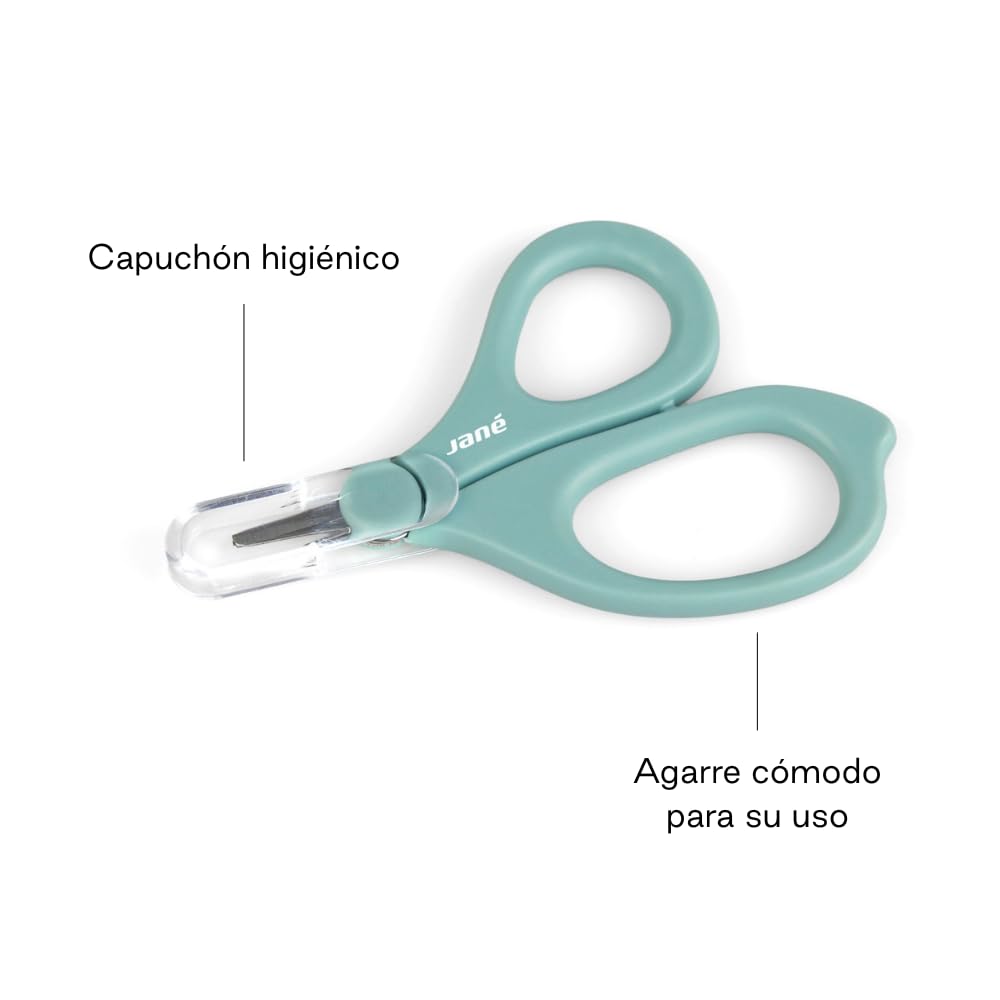 Jané Tijeras Cortauñas para Bebé y Recién Nacido, Punta Redondeada y Hoja Corta, Acero Inoxidable, Ergonómico, con Capuchón de Seguridad, Verde — view 3