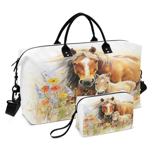 Horse Travel Duffle Bag Gym Bag, Horse Among Flowers Weekender Bags for Women with Toiletry Bag Travel Tote Bag Swim Bag