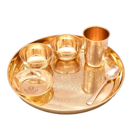 Image of 6 Piece Pure Brass Dinner Set with 12 Inch Thali 1 Glass 2 Bowls 1 Sweet Dish 1 Spoon Gold Finish for Dining, Pooja and Gifting