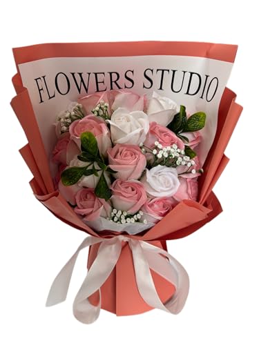 HWSHOW ソープフラワー 花束 造花 グラデーションカラー 誕生日 結婚記念日 プレゼント ギフト インテリア バラ 枯れない お花 手提げ付き メッセージカード付き 女性 母の日 敬老の日 還暦 バレンタインデー クリスマス 新年 彼女 送別会 退職感謝 お礼 昇進 転居 お見舞い ピンク