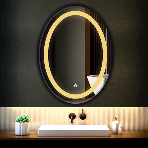 Image of LED Bathroom Wall Mirror with 3 Decorative Lights | Touch Sensor | Warm | Natural and Cool White | for Wash Basin | Bedroom | Dressing Area (Oval, 18x24)
