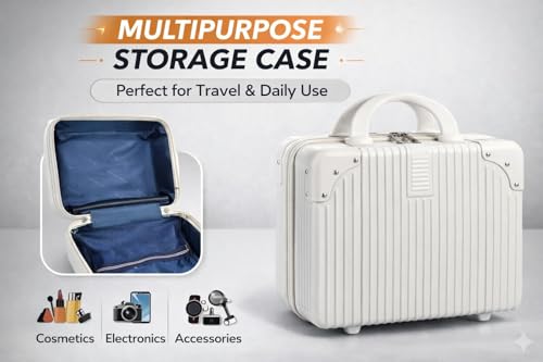 Image of Portable Hard Shell Cosmetic Bag Travel Case, Small Travel Hand Luggage with Elastic Band, Mini Abs Carrying Makeup Case Suitcase (B-White)