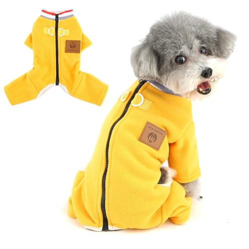 Ranphy Pijama sólido para Perros pequeños Mono de Felpa para Cachorros con Doble Anilla en D y Cremallera en la Espalda Pijama de Cuatro Patas Ropa de Invierno para Chihuahuas y Gatos Amarillo XS