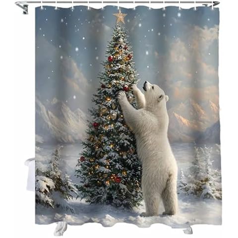ALAGEO Christmas Shower Curtain Chritmas Tree Shower Curtains for Bathroom Decor Polar Bear Christmas Decoration Bath Curtains Sets with Hooks Waterproof, 72x72 in Cover