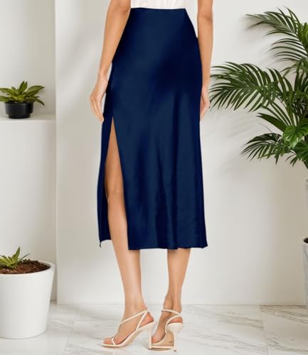 Image of Amy Babe Womens Satin Silk High Waist Slit Midi Skirt Long Skirts for Women | Elastic Waistband, Side Split, Midi Length, Below the Knee, Silky Fabric, Elegant, Fall Winter Outfits