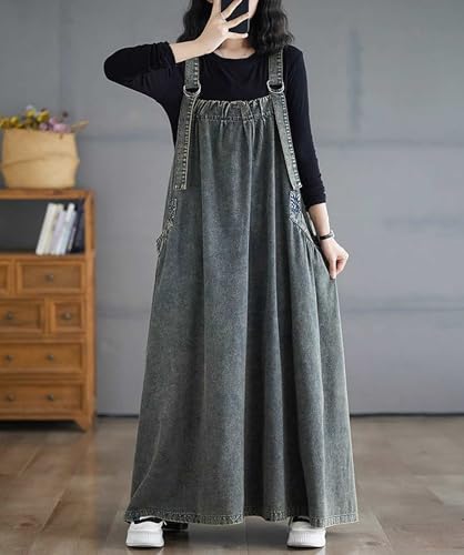Image of Women's Casual Loose Denim Dress Sleeveless Adjustable Straps Denim Jumper Dress with Pockets