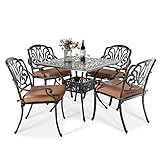 VIVIJASON 5-Piece Outdoor Patio Dining Set, All-Weather Cast Aluminum Conversation Set, Patio Furniture Set for Balcony Lawn Garden, Include 4 Cushioned Chairs, a 35.4' Square Table w/Umbrella Hole