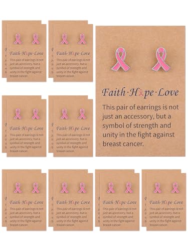 24 Pairs Pink Ribbon Stud Earrings Breast Cancer Awareness Earrings for Women with Motivational Jewelry Gift Set with Card for Breast Cancer Awareness Month Jewelry Supplies