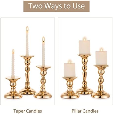 Sziqiqi Gold Taper Candlestick Holder Set of 3, Metal Candle Holder for Pillar or Taper Candles, Elegant Candle Holder for Wedding Centrepieces Candle Stick Holder for Dining Room Christmas Tables
