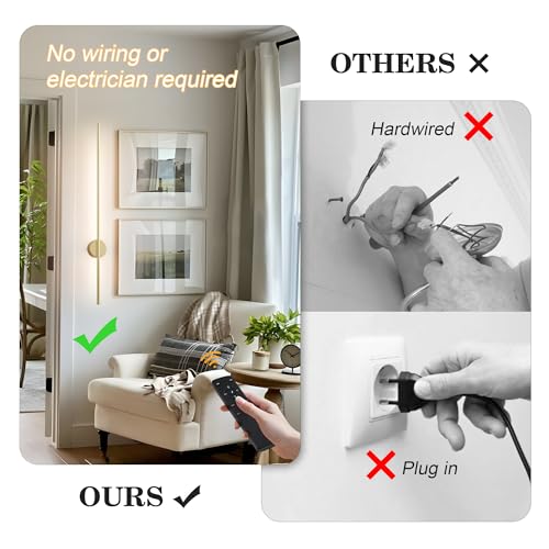 Image of Battery Operated Modern Wall Sconces,Dimmable Wireless Wall Light Set of Two with Remote Control,3 Color Temperatures,Rechargeable LED Wall Sconce for Bedroom,Living Room,Hallway,39.3 Inch, Gold