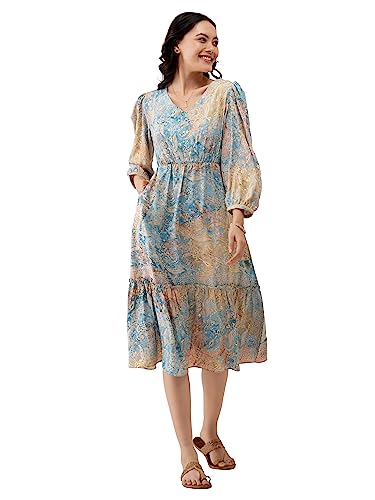 Image of AASK Abstract Printed Puff Sleeve Gathered Detailed Fit Flare Dress
