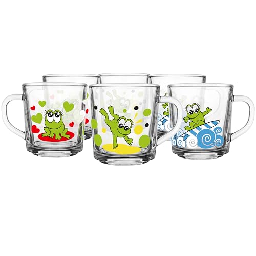 Glasmark KROSNO 1992 Lot De 6 Tasses En Verre Avec Poignée Pour Enfant Avec Motif De Grenouilles Capacité De 220 ml Tasse À Lait Eau Jus Szymek