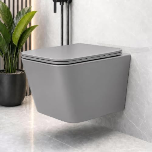 Image of Plantex Rimless Western Toilet /Imported Italica Ceramic Wall Hung Commode Toilet /Washdown Commode with Soft Closing Toilet Seat - P Trap (Square - Matt Light Grey)