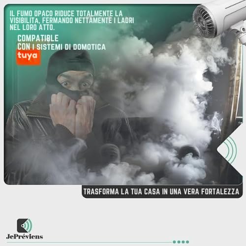 Generatore di Nebbia Anti-furto JePréviens con Rilevatore di Movimento, Sistema Anti-intrusione senza abbonamento, Compatibile SmartLife/Tuya, Copre fino a 100 m³