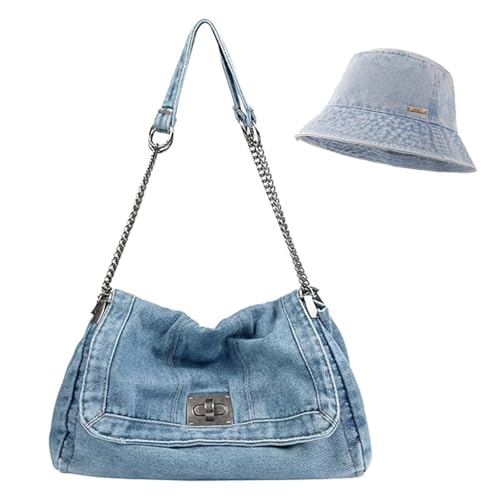 2PCS Denim Tote Bag and Denim Cap Set for Women, Retro Washed Shoulder Handbag Crossbody Purse with Adjustable Chain