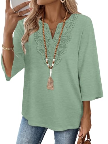 Image of WIHOLL 3 /4 Length Sleeve Womens Tops Boho V Neck Lace Shirt Trendy Blouses Dressy Casual Vacation Clothes S-3XL