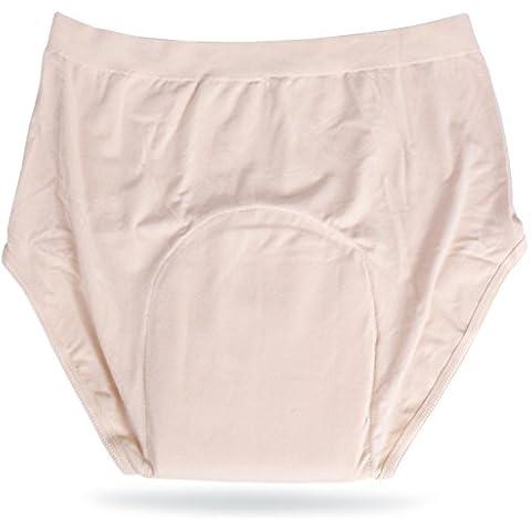 Incontinence Underwear Womens High Banded Brief (Beige) with Super-Absorbent (14 Oz) White Bamboo Charcoal Pad. Beige. (Meduim) Cover