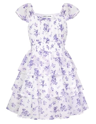 GRACE KARIN Girls Summer A-Line Tiered Floral Dress, Ruffle Sleeve Square Neck Midi Flower Girl Party Dresses 6-14 Years White with Purple 6-7 Years