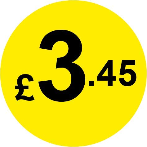 Permanent Adhesive - Black & Yellow 30mm Price Stickers/Labels from 10p to £5.25, 500, £3.45 — image 1