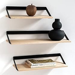 Estanteria Abedul Kazai. Estantes de Pared -Finn- | Juego de Estantes Flotantes de 3 Partes de Metal y Chapa de Madera Real | Decoración de Pared, Almacenamiento y Estante para Salón, Cocina, Dormitorio | Abedul