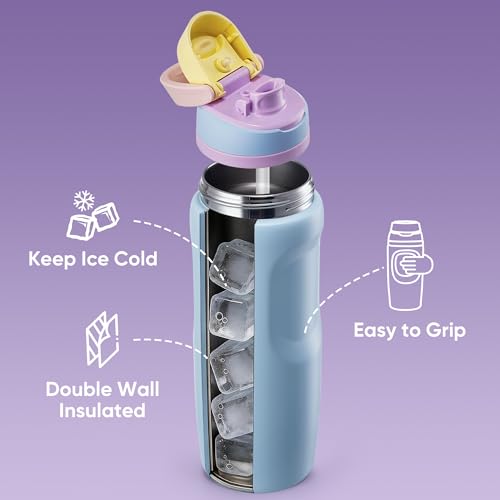 Image of Fijinhom 24 oz Insulated Water Bottle,Stainless Steel Sports Water Bottle with Straw, Double Wall Vacuum Leak Proof, Cold for 24 Hours, BPA Free for Travel, Sport, Outdoor, Light Blue