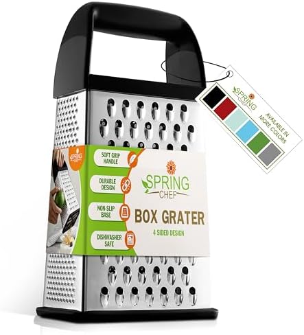 Spring Chef Professional 10" Stainless Steel Parmesan Cheese Grater with Handle, 4 Sided Handheld Box Grater, Kitchen Vegetable Shredder for Potato, Carrot, Hard Cheese, Ginger, Hash Browns - Black