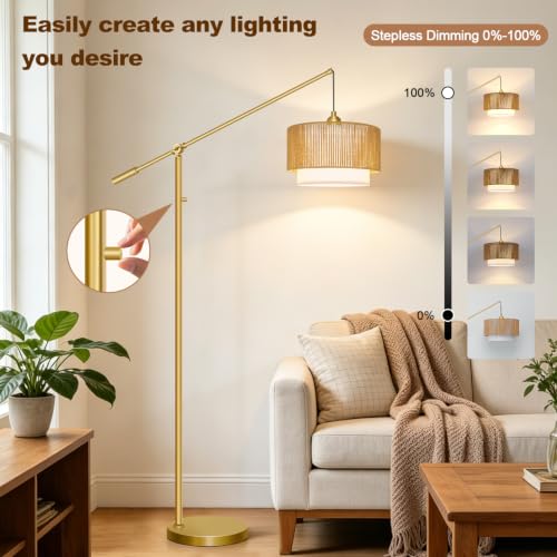 Image of 【Upgraded】Boho Dimmable Floor Lamps with Adjustable Swing Arm, 1100 Lumens Bulb Included, Modern Standing Lamp with Rattan & Fabric Shades, Farmhouse Tall Arc Floor Lamp for Living Room Bedroom, Gold