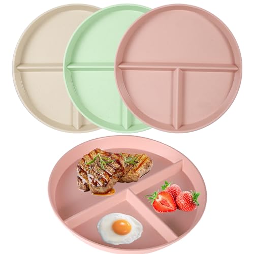 Portion Control Divided Plates, 3pcs 8.85 Unbreakable Compartment Plates, Diet Tray Reusable Dishes for Children, Kids, Adult - Microwave Safe