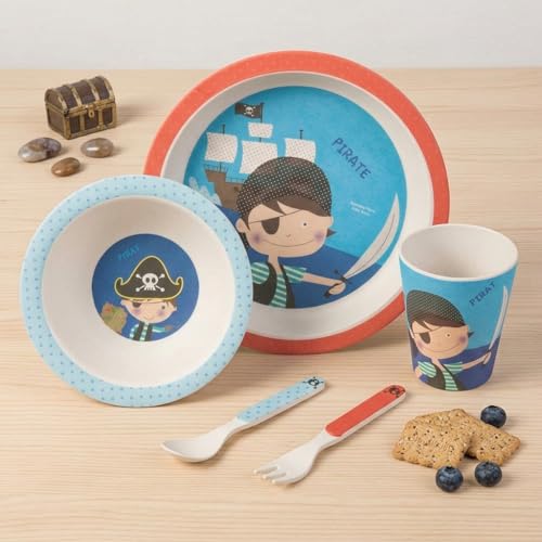 Image of Bamboo Kids Feeding Set of 5 |Kids Crockery Set Tableware |Baby Utensils and Dishes Set | Eco-Friendly |Organic & Natural (Playful Pirate)