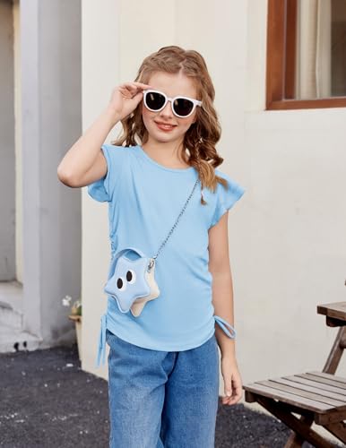 Image of Arshiner Girls T Shirts Ruffle Short Sleeve Ruched Knot Side Tunic Blouse Summer Tee Tops