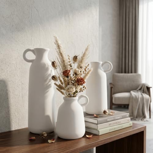 Image of PUREZENTO White Ceramic Roman Bottle Vase - Set of 3 | Matte Ceramic Flower Vases for Pampas Grass & Dried Flowers | Modern Decorative Vases for Home, Living Room, Bedroom, Office & Table Decor