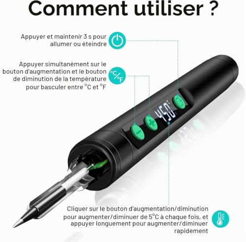 Kit de fer à souder sans fil portable rechargeable par USB avec écran LCD, température réglable, 3 pointes de soudure, pâte à souder, fil à souder, noir – vue 5
