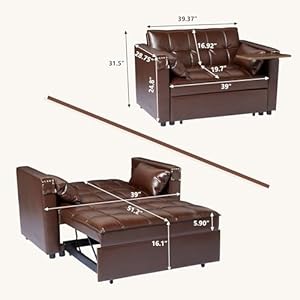 Leather convertible 3 in 1 sleeper sofa bed small upholstered loveseat pull out couch multi functional sleeper futon with hidden table and adjustable backrest for living room brown  urban country home decor