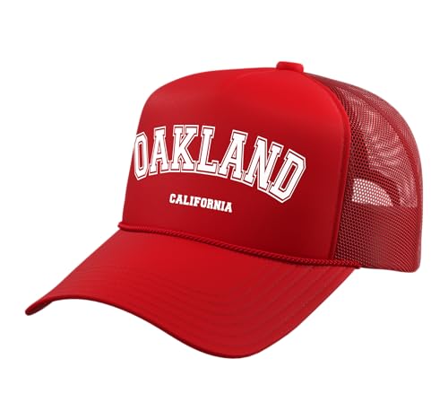 Oakland California Trucker Hat with Adjustable Mesh Back, Red