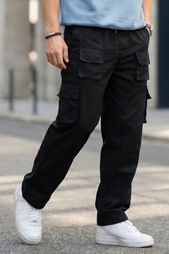 Image of Veirdo Pure Cotton Baggy Fit Regular Length Mid Rise 6 Pocket Cargos for Men (Colors Available: Black, Olive, Grey, Brown & Navy)
