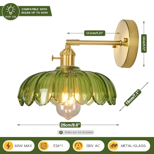 Image of Gold Vanity Light Green Glass Bathroom Wall Sconce Brushed Brass Vanity Lamp Bathroom Light Fixtures with Flower Glass Shad Mid Century Vintage Wall Sconces for Over Mirror Bedroom