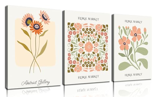 Image of SKYRISE 3 PCS Boho Floral Canvas Wall Art, Rustic Botanical Canvas Paintings Prints ArtWork for Living Room, Vintage Flower Pictures for Farmhouse Dining Room Hallway Bedroom Wall Decor 12 inchx16 inch
