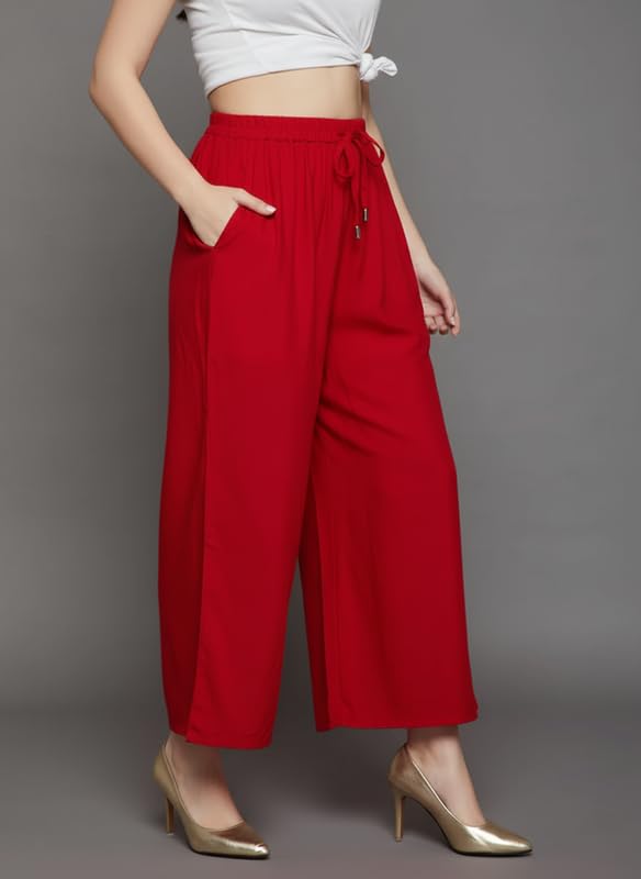 Image of Super Soft Viscose Rayon Flared Palazzo Pants for Women Stylish Wide Leg Straight Relaxed Fit Casual Ethnic Office Wear