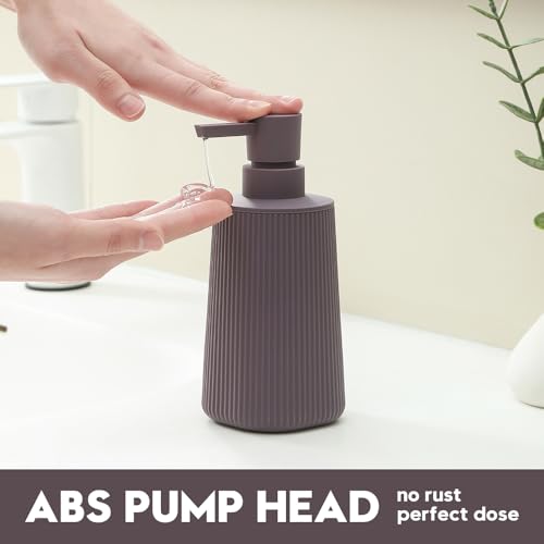 Image of Small Soap Dispenser for Bathroom and Kitchen, Modern Farmhouse Striped Style Plastic Hand Soap Dish Soap Dispenser with Pump Matte Purple