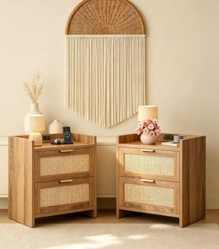Image of WLIVE Rattan Nightstand Set of 2 with Charging Station, Boho Bedside Table