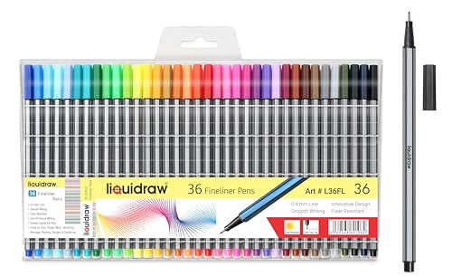 Liquidraw Fineliner - Rotuladores para colorear, 36 unidades, punta fina de 0,4 mm, colores vibrantes surtidos, diseño innovador ideal para la escuela, el trabajo y la oficina, billetera transparente