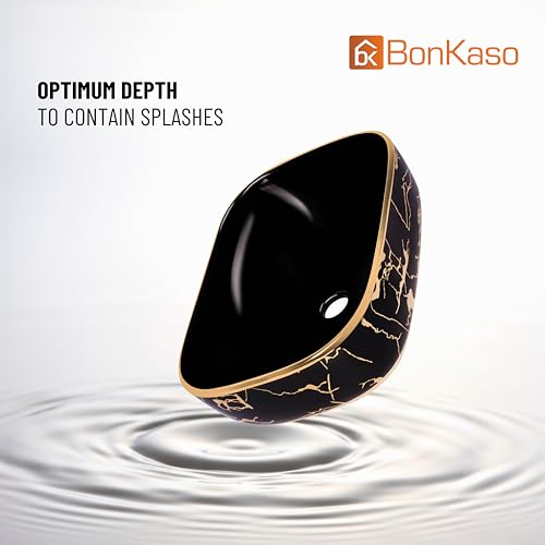 Image of BONKASO Black & Gold Luxury Table Top Wash Basin (45 x 32.5 x 13.5 cm) | Designer Ceramic Countertop Bathroom Sink | Modern Rectangle Vanity Art Basin PB1006